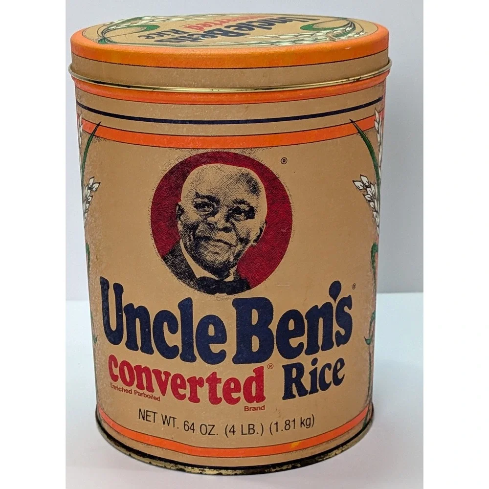 Uncle Ben's Rice Tin Vintage 1985 4lb Tan Orange Advertising Kitchen Canister